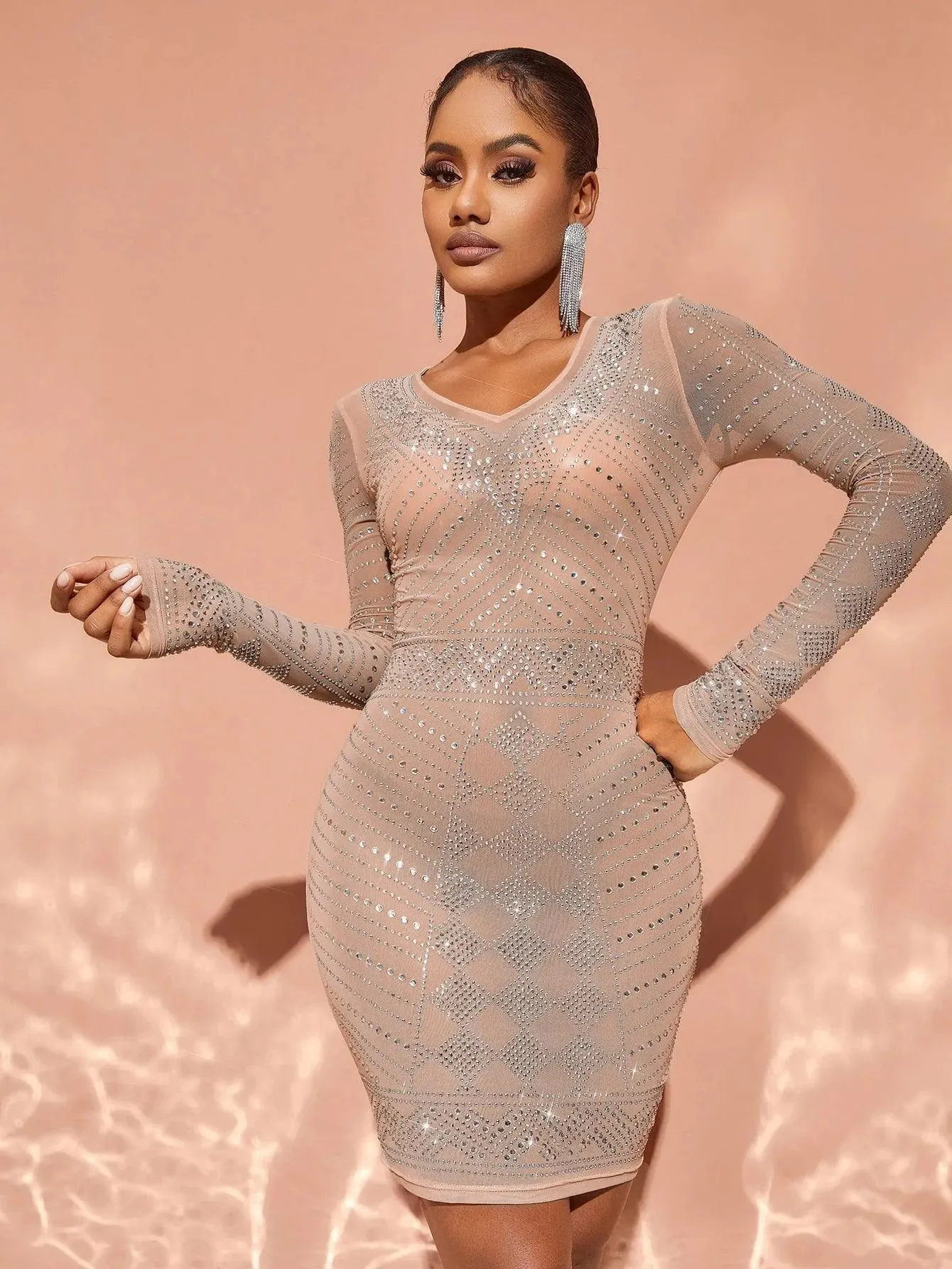 Chic Rhinestone Detail Sheer Mesh Mini Dress