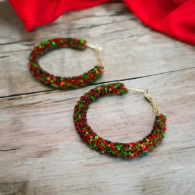 Christmas Hoop Earrings - Christmas Hoops, Handmade Earrings, Red and White Hoops, Rhinestone Hoops, Christmas Earrings, Candy Canes