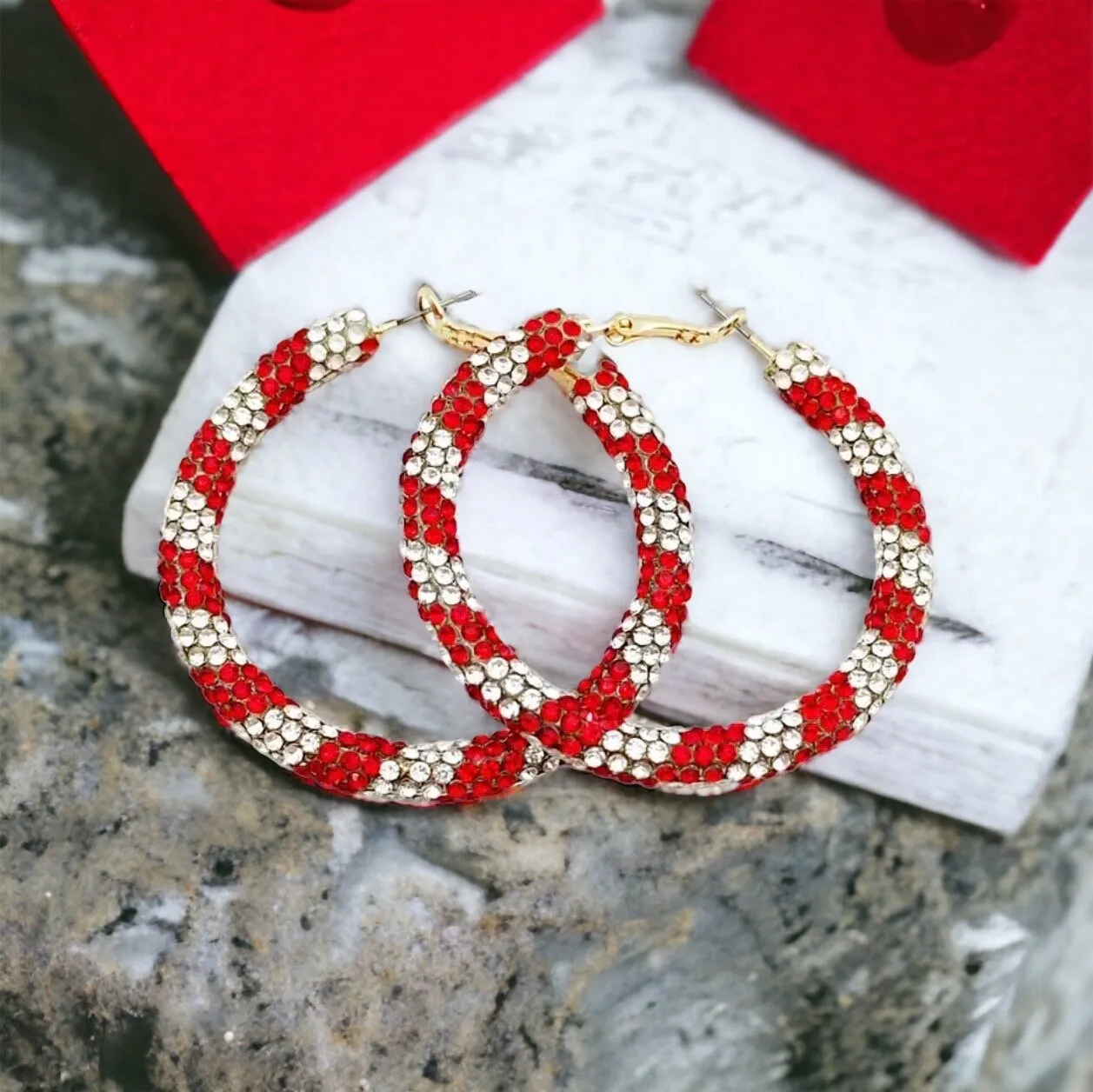 Christmas Hoop Earrings - Christmas Hoops, Handmade Earrings, Red and White Hoops, Rhinestone Hoops, Christmas Earrings, Candy Canes