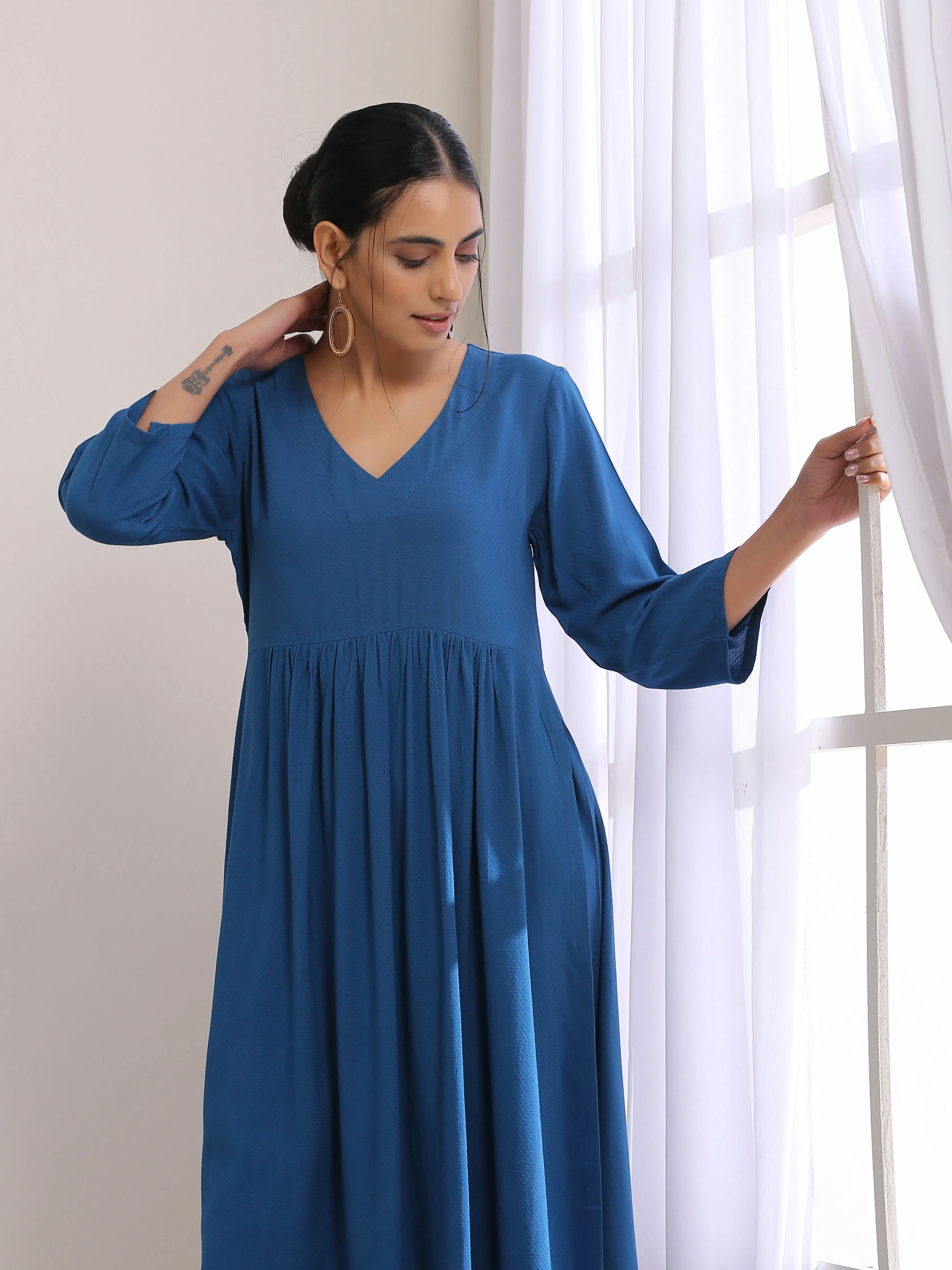 Classic Blue Dobby High Slit Gathered Kurta Set