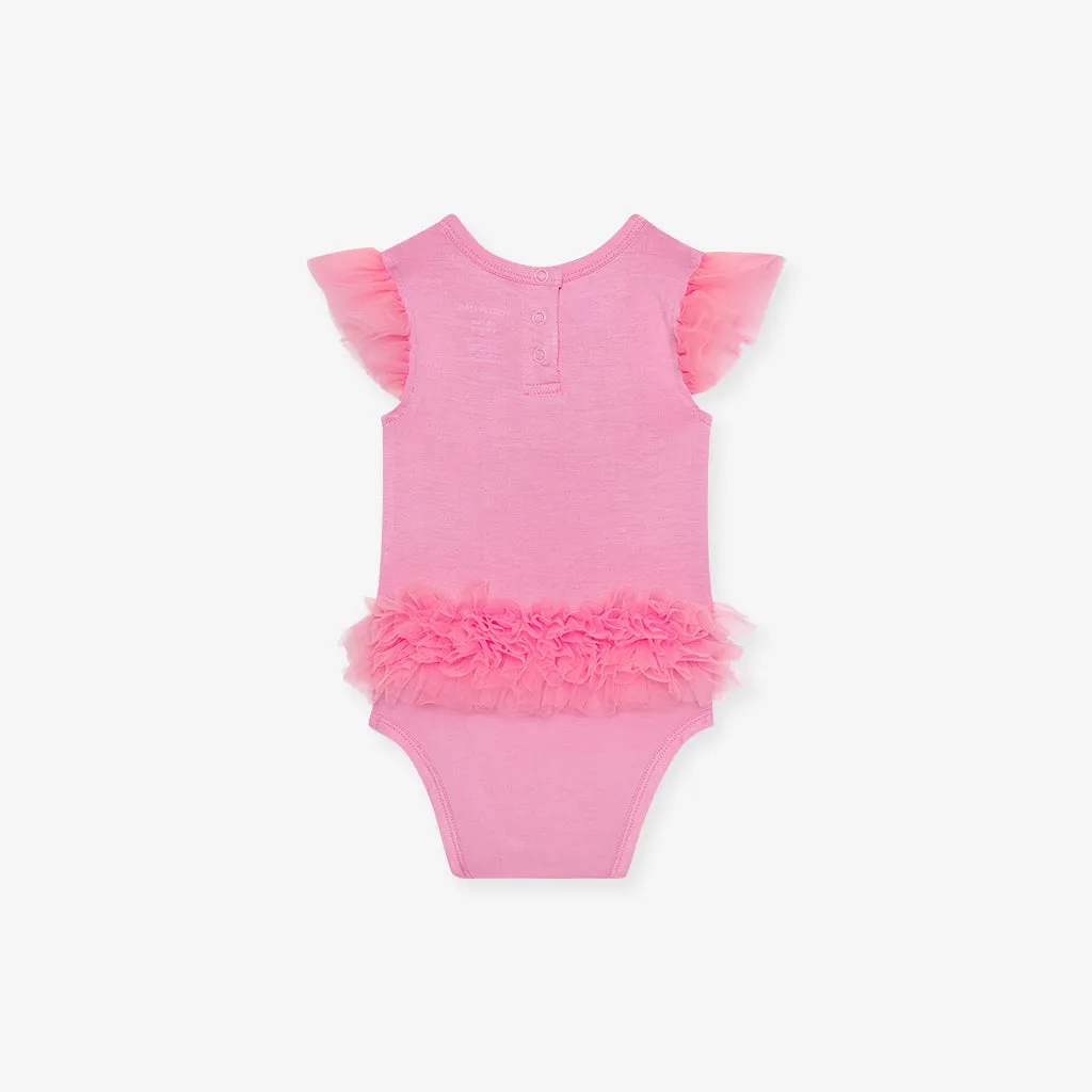 Cruisin' Pink Tulle Sleeve Ruffled Back Bodysuit