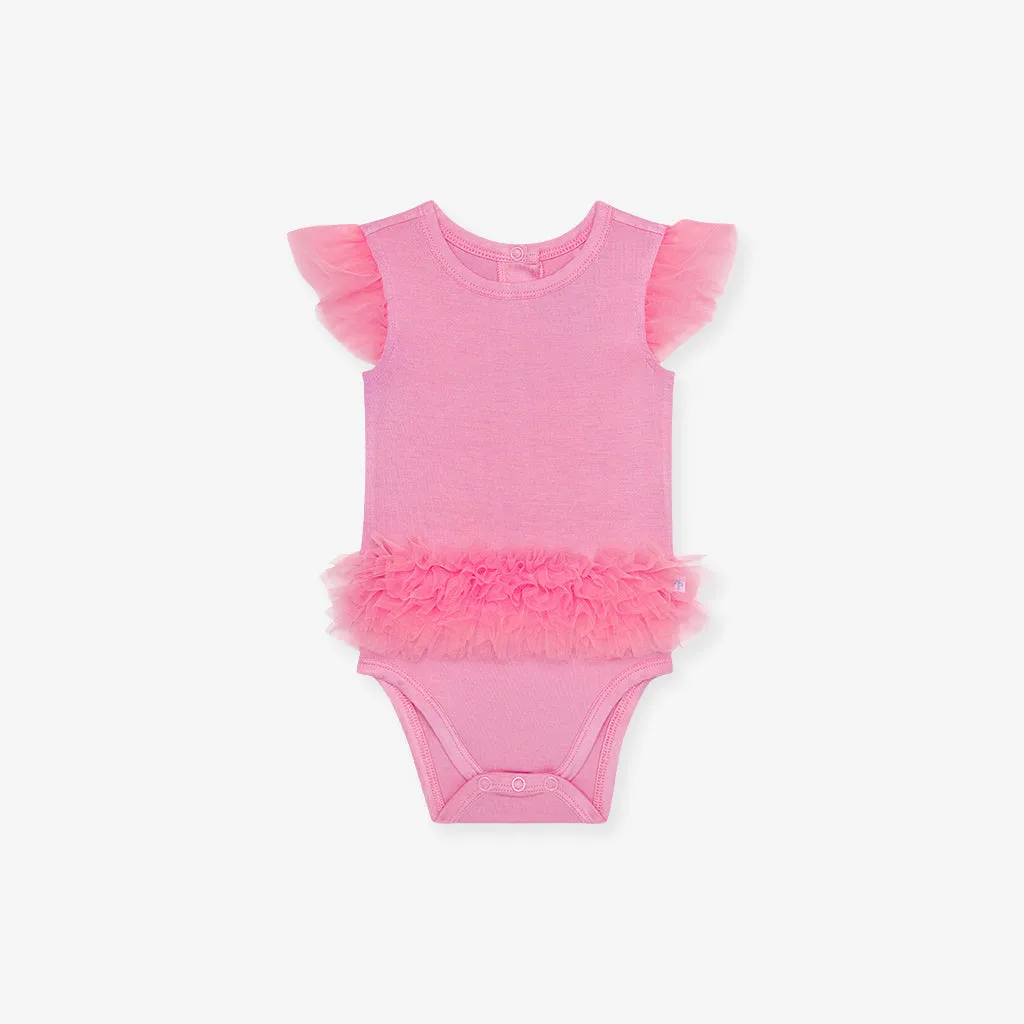 Cruisin' Pink Tulle Sleeve Ruffled Back Bodysuit