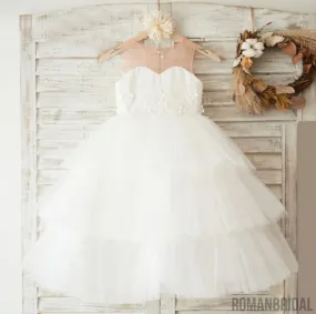 Cute Flower Girl White Jewel Sleeveless Tulle Dress, Sweet Flower Girl White Dress, FD0094