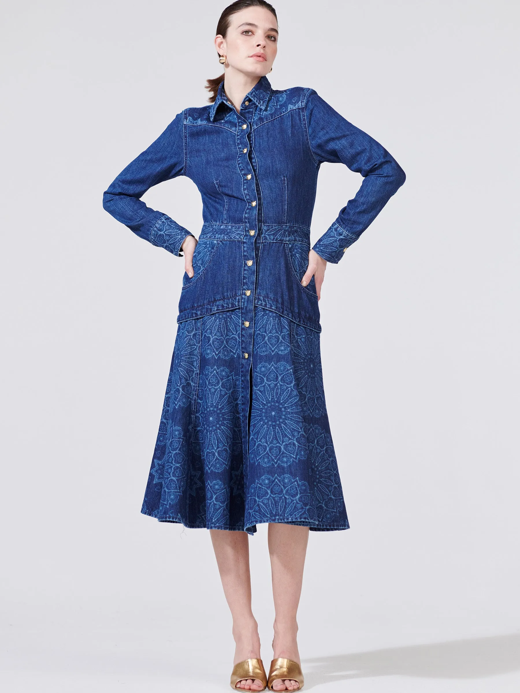 Dalton Laser Print Denim Midi Shirt Dress