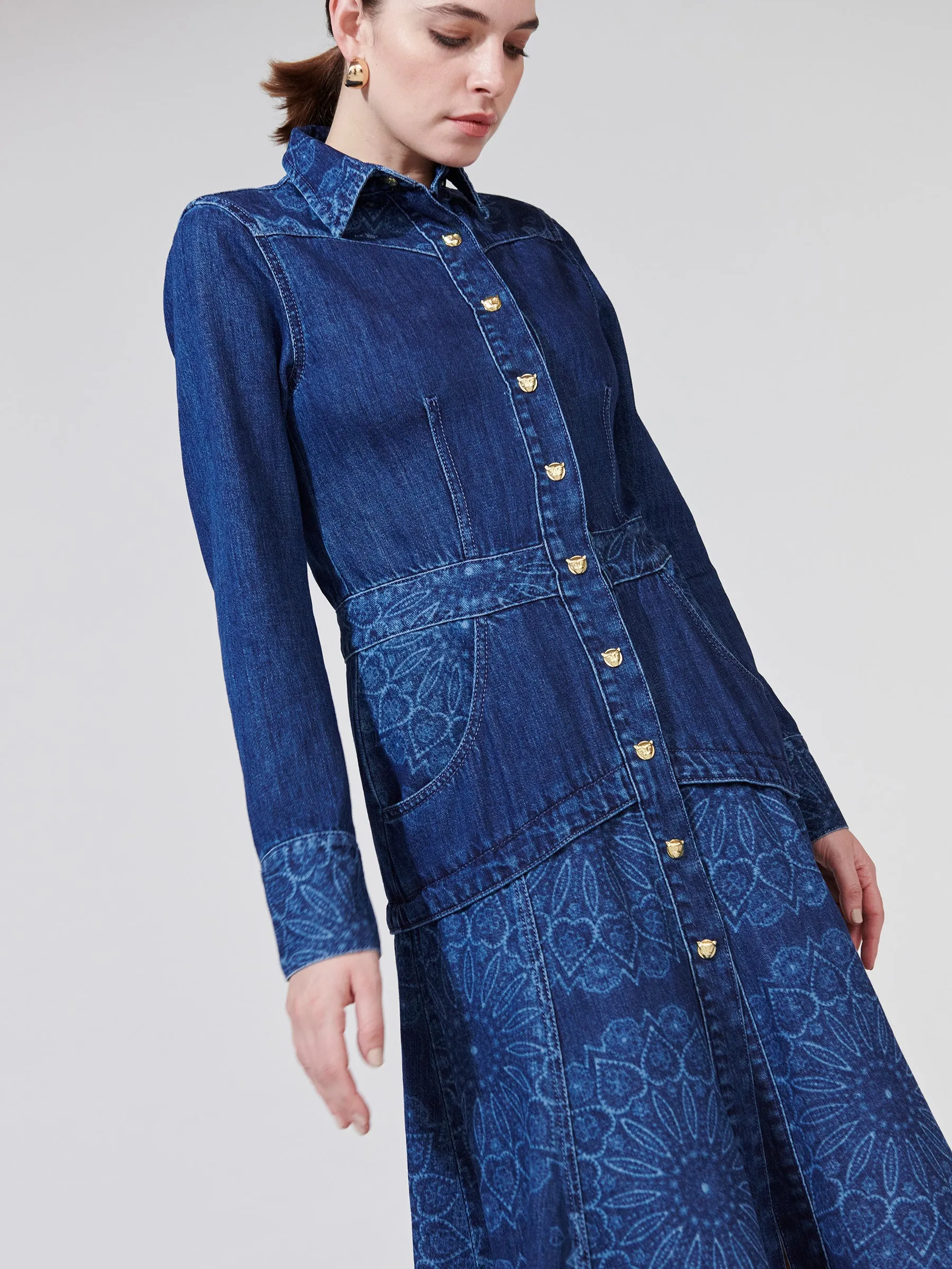 Dalton Laser Print Denim Midi Shirt Dress