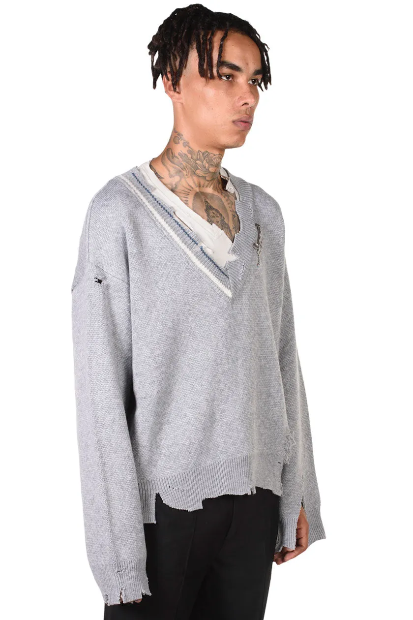 Distressed Knit Layered Sweater Grey