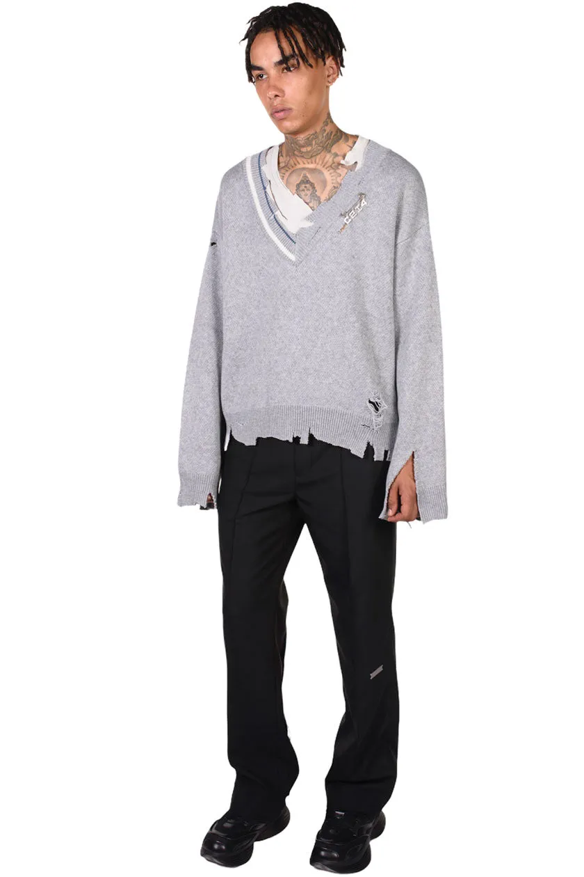 Distressed Knit Layered Sweater Grey