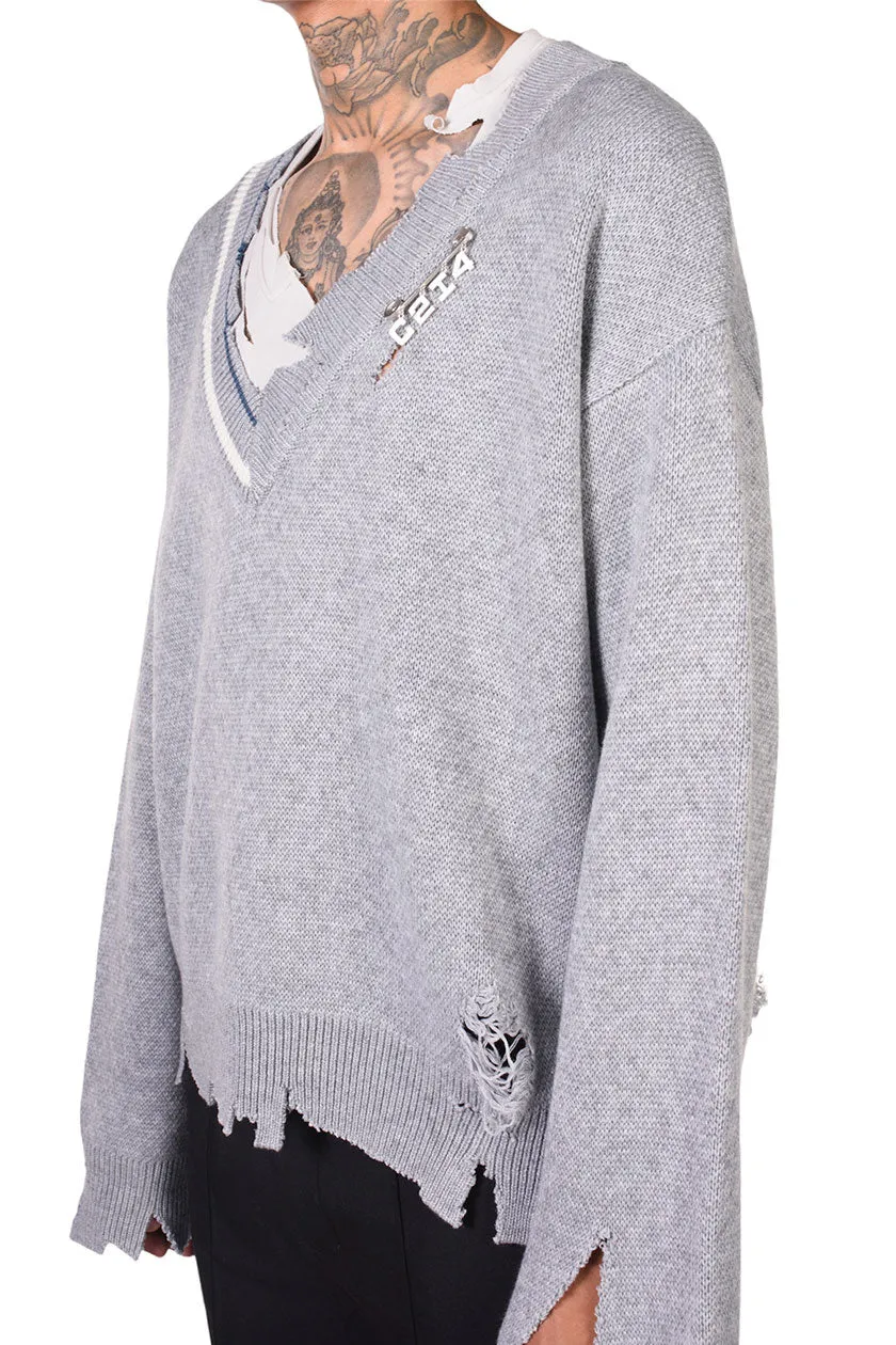 Distressed Knit Layered Sweater Grey