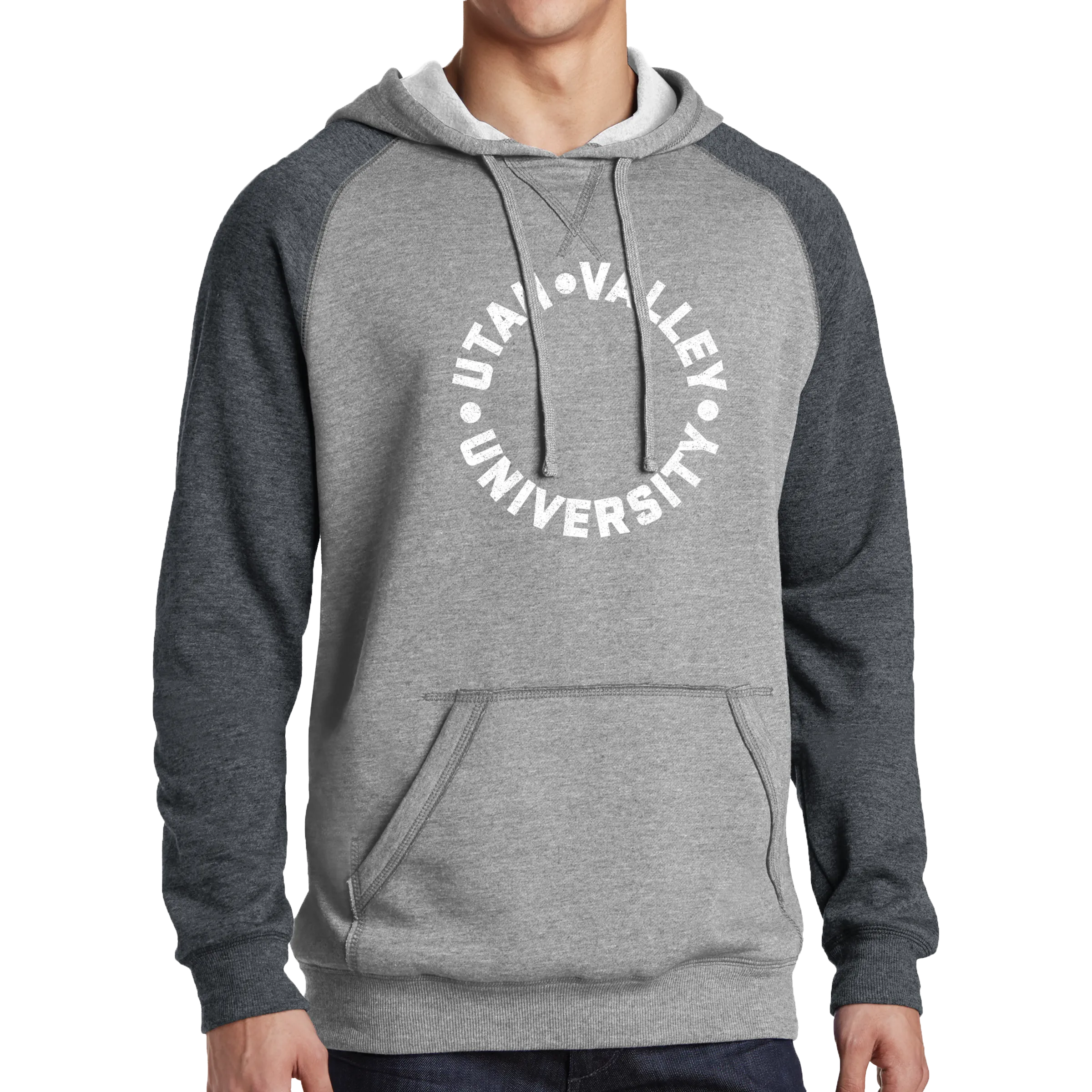 District Lightweight Fleece Raglan Hoodie- UVU Distressed