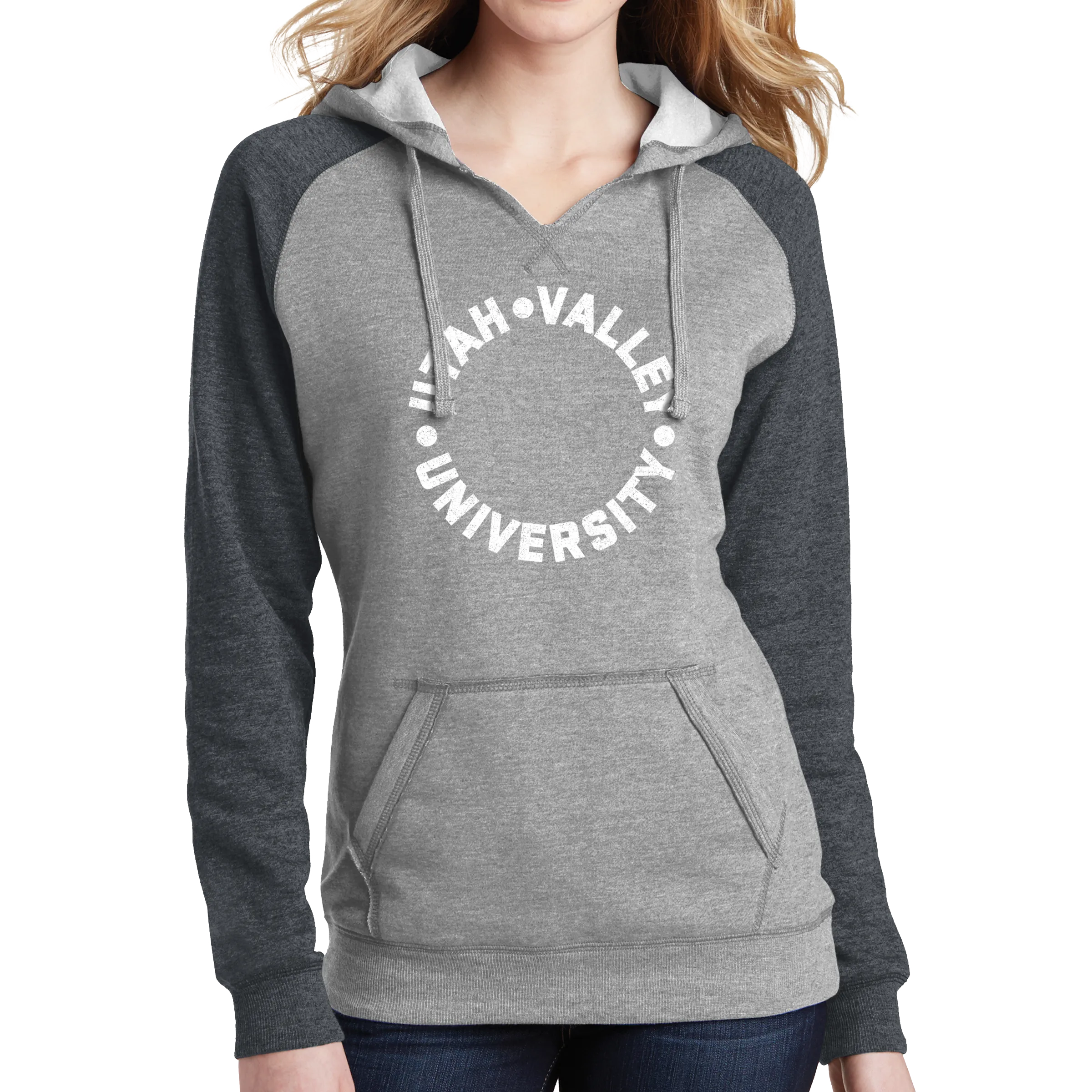 District Women’s Lightweight Fleece Raglan Hoodie- UVU Distressed