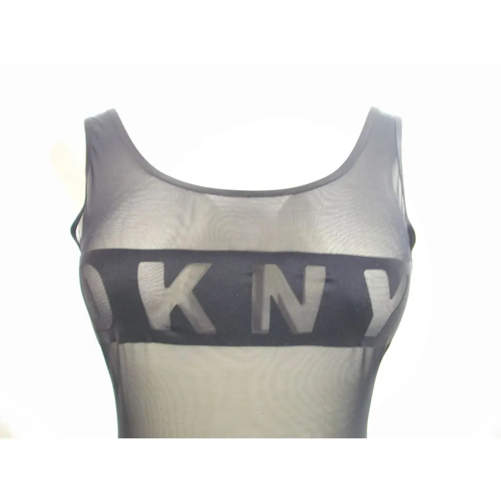 DKNY DK7007 Sheer Mesh Logo-Band Bodysuit MEDIUM Black NWT