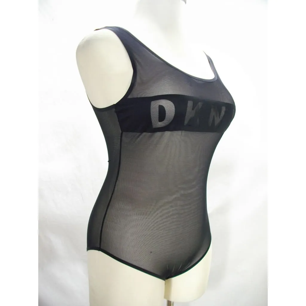 DKNY DK7007 Sheer Mesh Logo-Band Bodysuit MEDIUM Black NWT