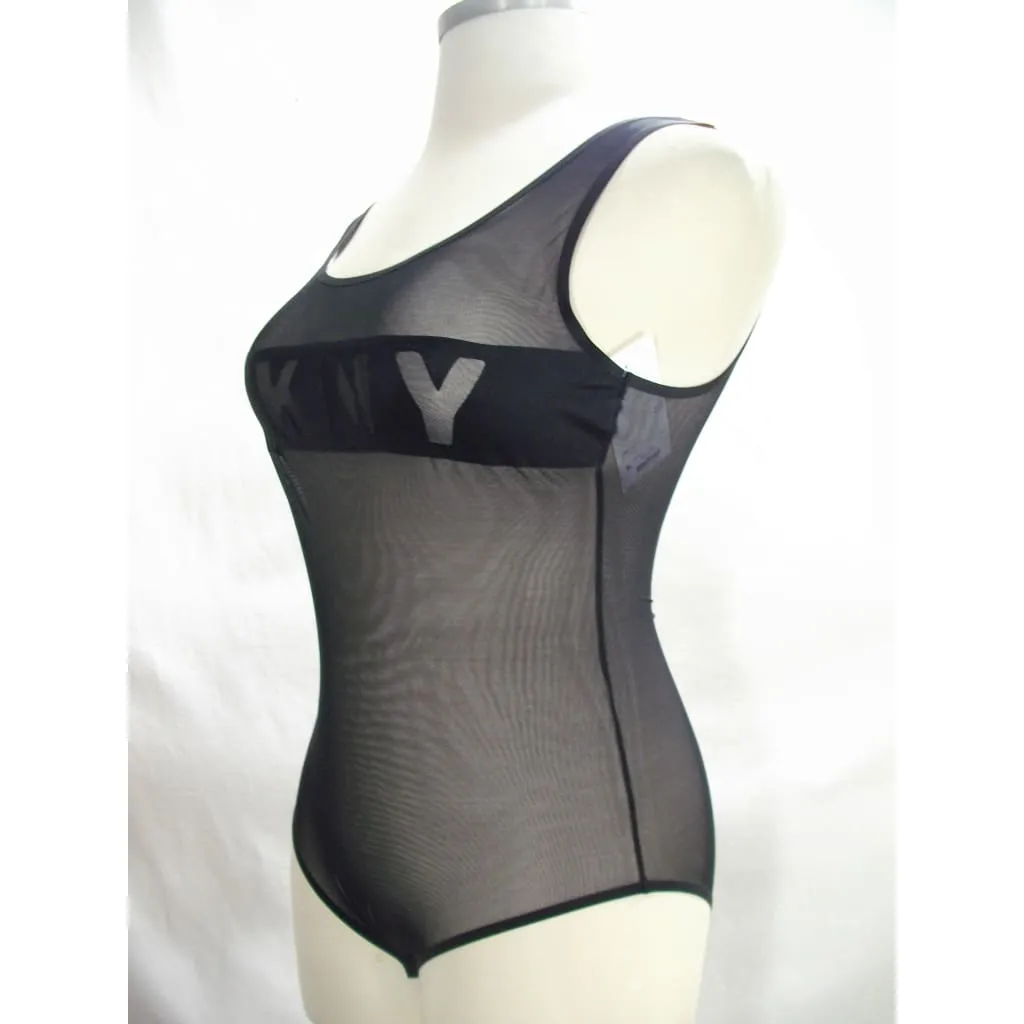 DKNY DK7007 Sheer Mesh Logo-Band Bodysuit MEDIUM Black NWT