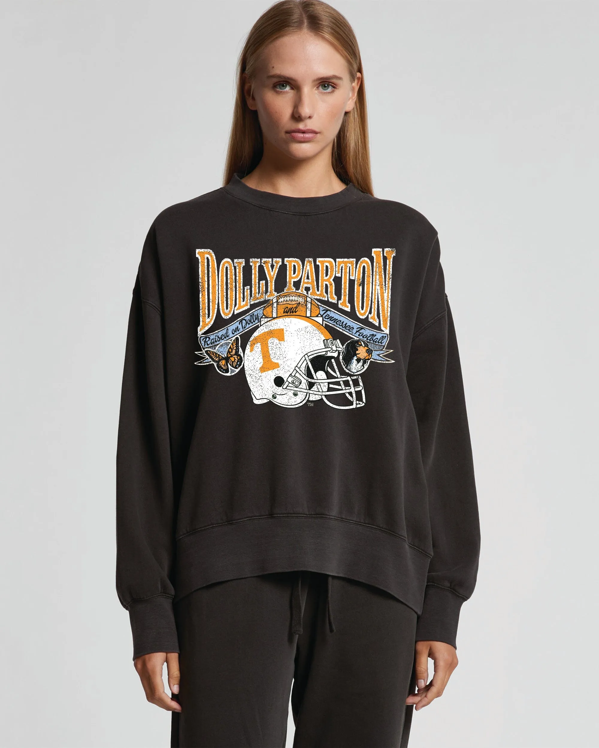 Dolly Parton Raised on Dolly & Tennessee Football Smoke Hi-Dive Oversized Crew Sweatshirt