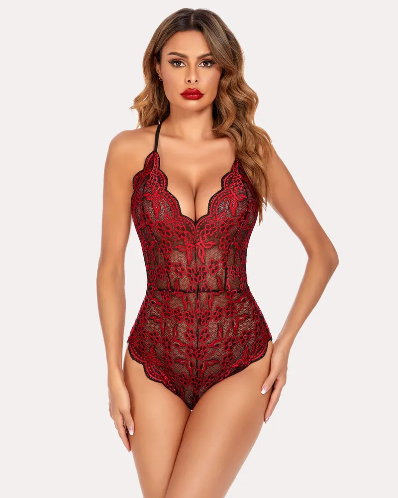 Double Color Lace Teddy with Snap Crotch