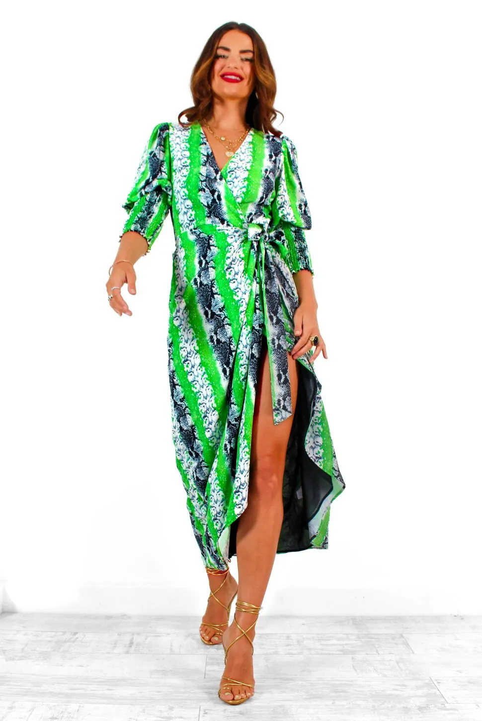 Drive Em Wild - Green Grey Snake Print Midi Wrap Dress