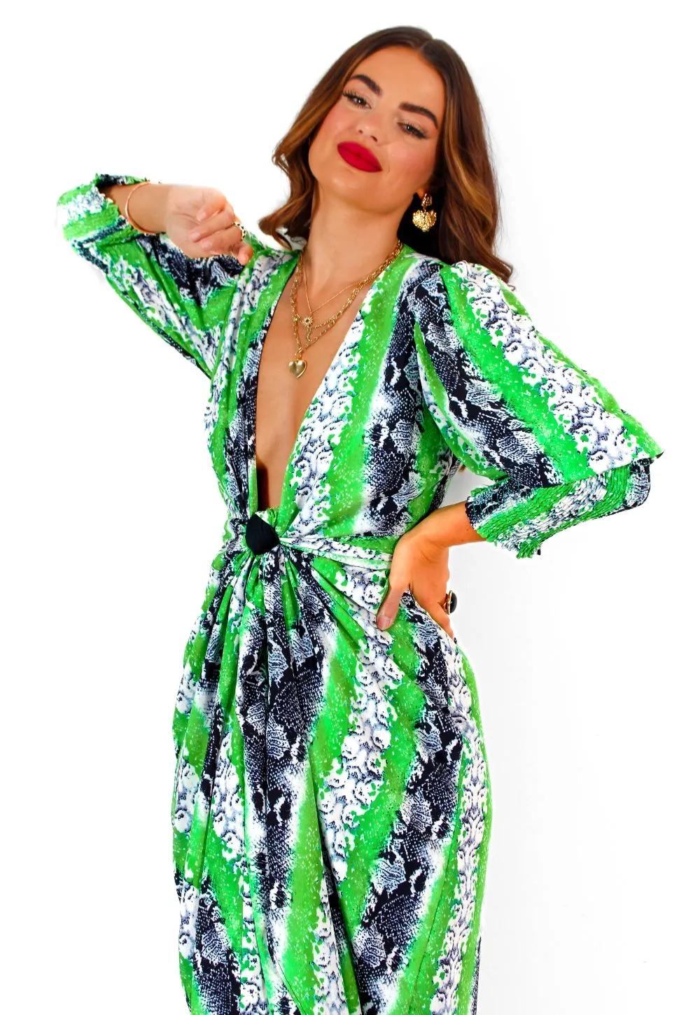 Drive Em Wild - Green Grey Snake Print Midi Wrap Dress