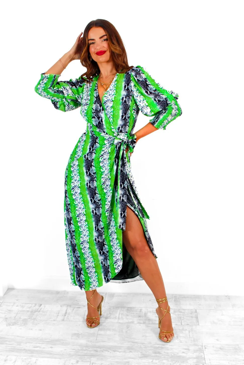 Drive Em Wild - Green Grey Snake Print Midi Wrap Dress