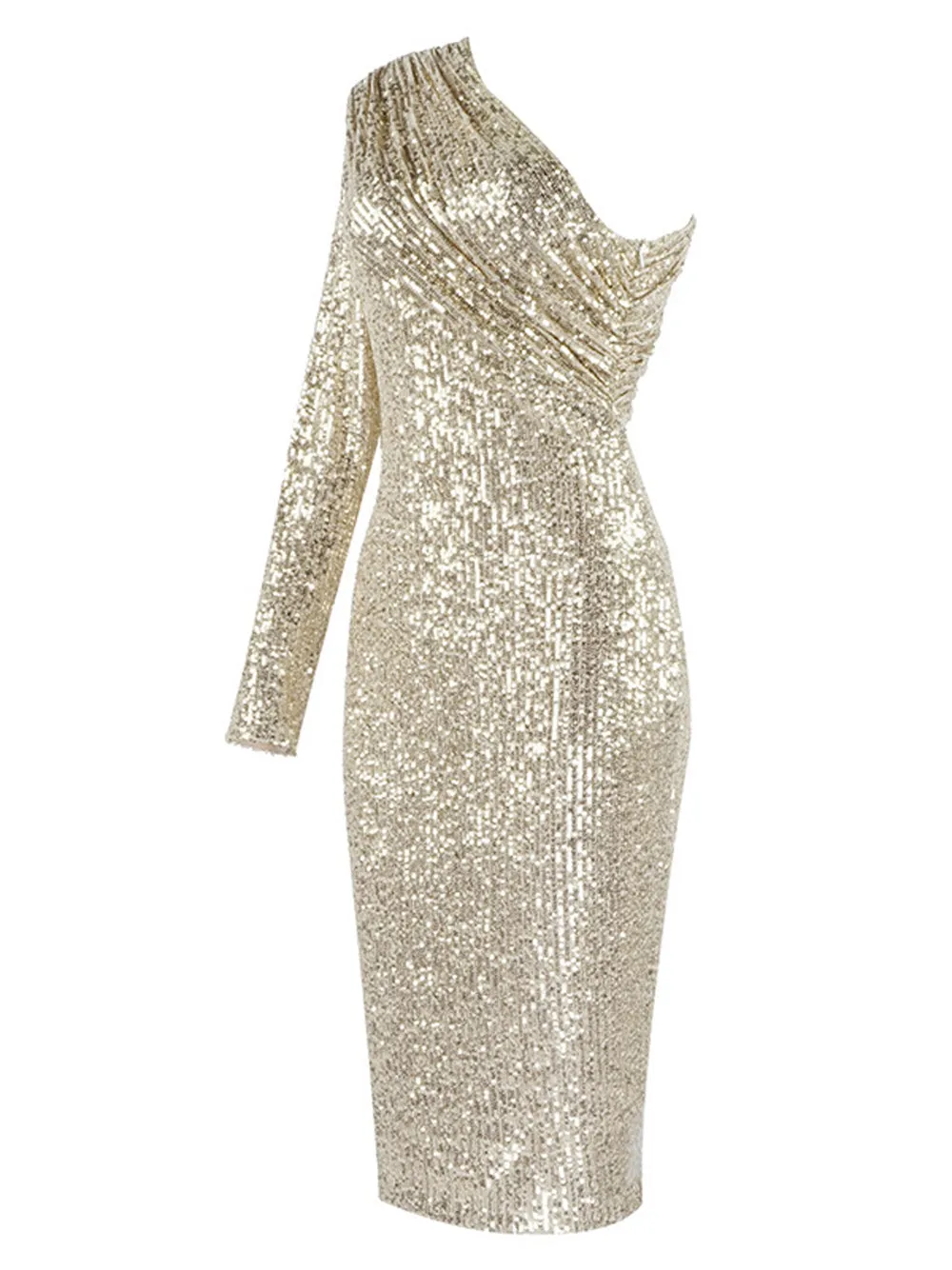 ETELLE Sequins One Shoulder Midi Dress in Gold