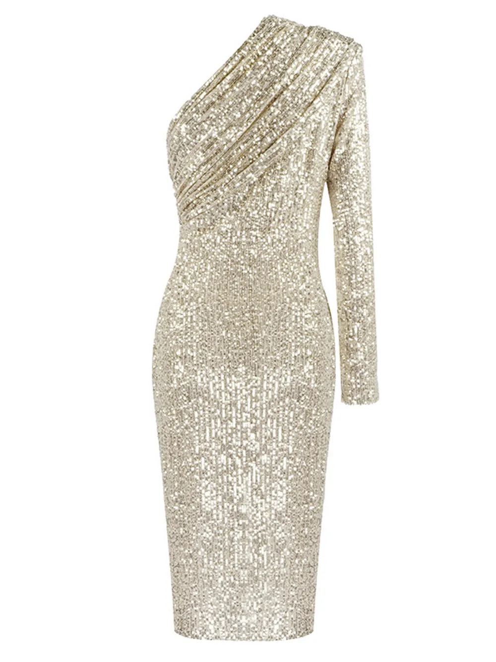 ETELLE Sequins One Shoulder Midi Dress in Gold