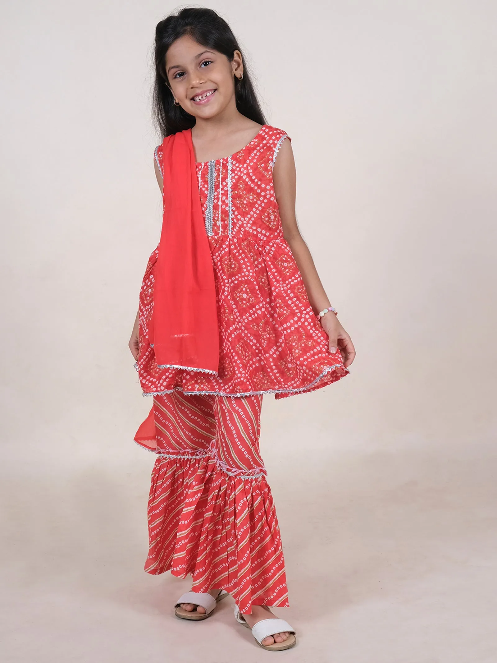 Ethnic Bandhani Printed Kurta Sharara With Dupatta Set