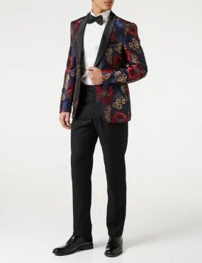 Flocked Floral Red Navy Tux Jacket