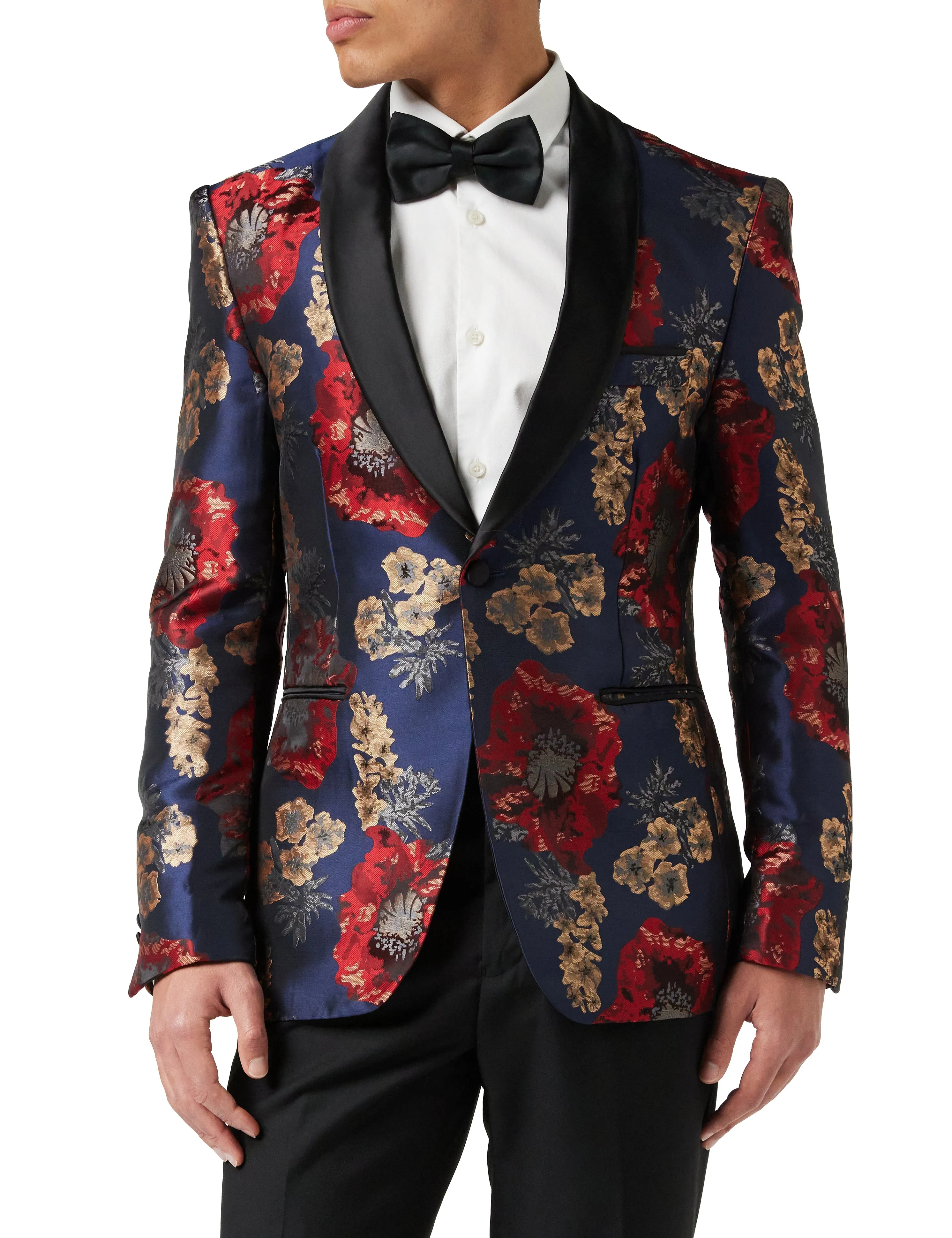 Flocked Floral Red Navy Tux Jacket