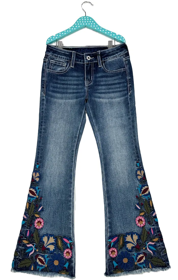 Floral Embroidery on Hem Boho Girls Flare Jeans