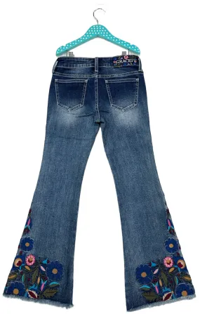 Floral Embroidery on Hem Boho Girls Flare Jeans