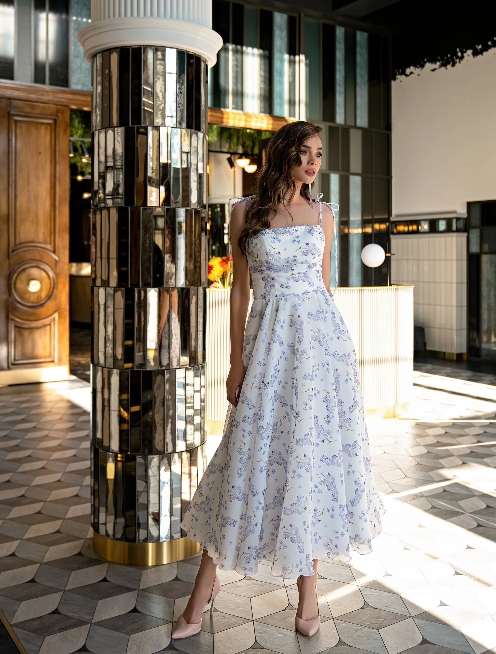 Floral Midi Dress with Bow-Tie Straps