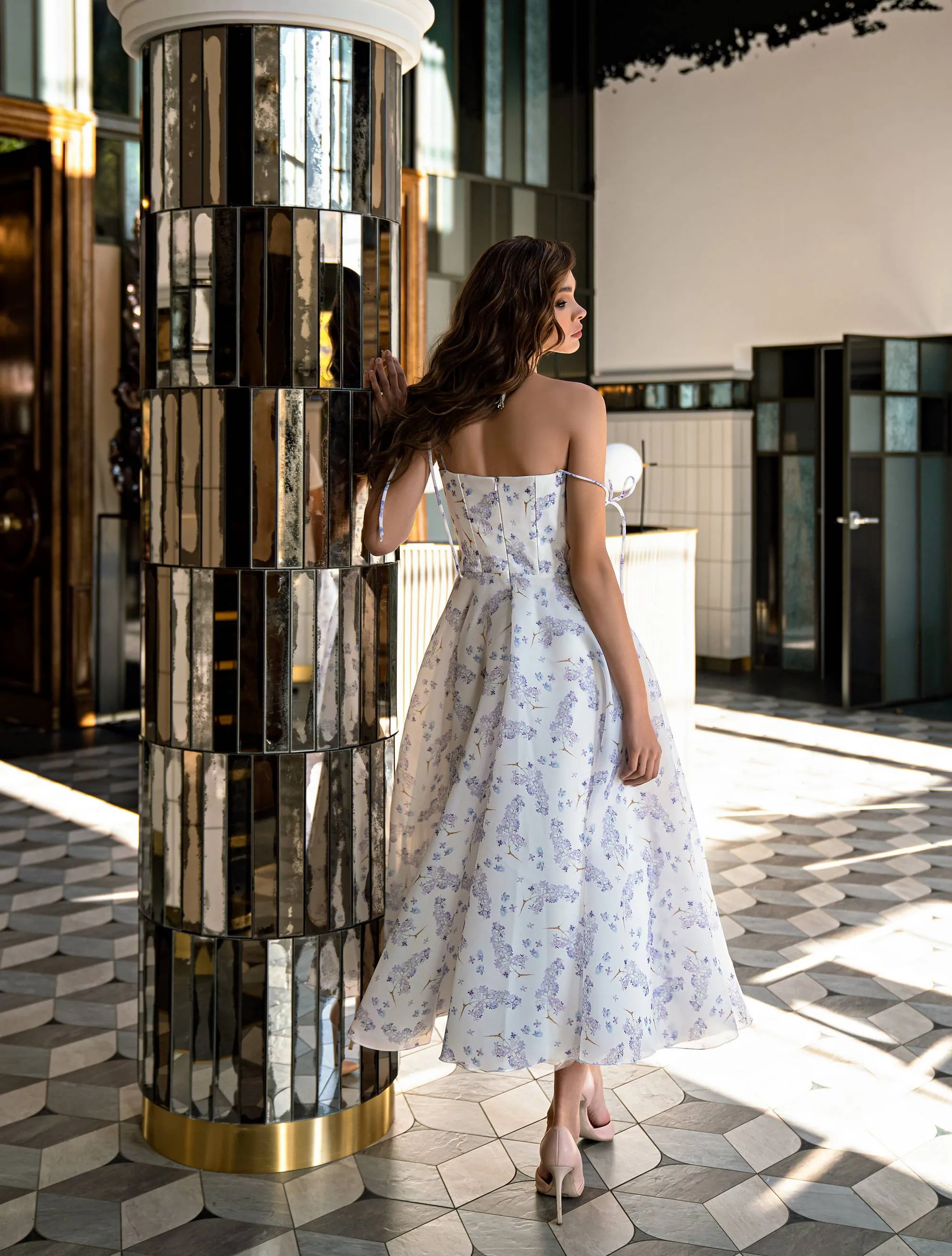 Floral Midi Dress with Bow-Tie Straps