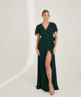 Flutter Sleeve Wrap Tie Chiffon Bridesmaid Dress - Emerald