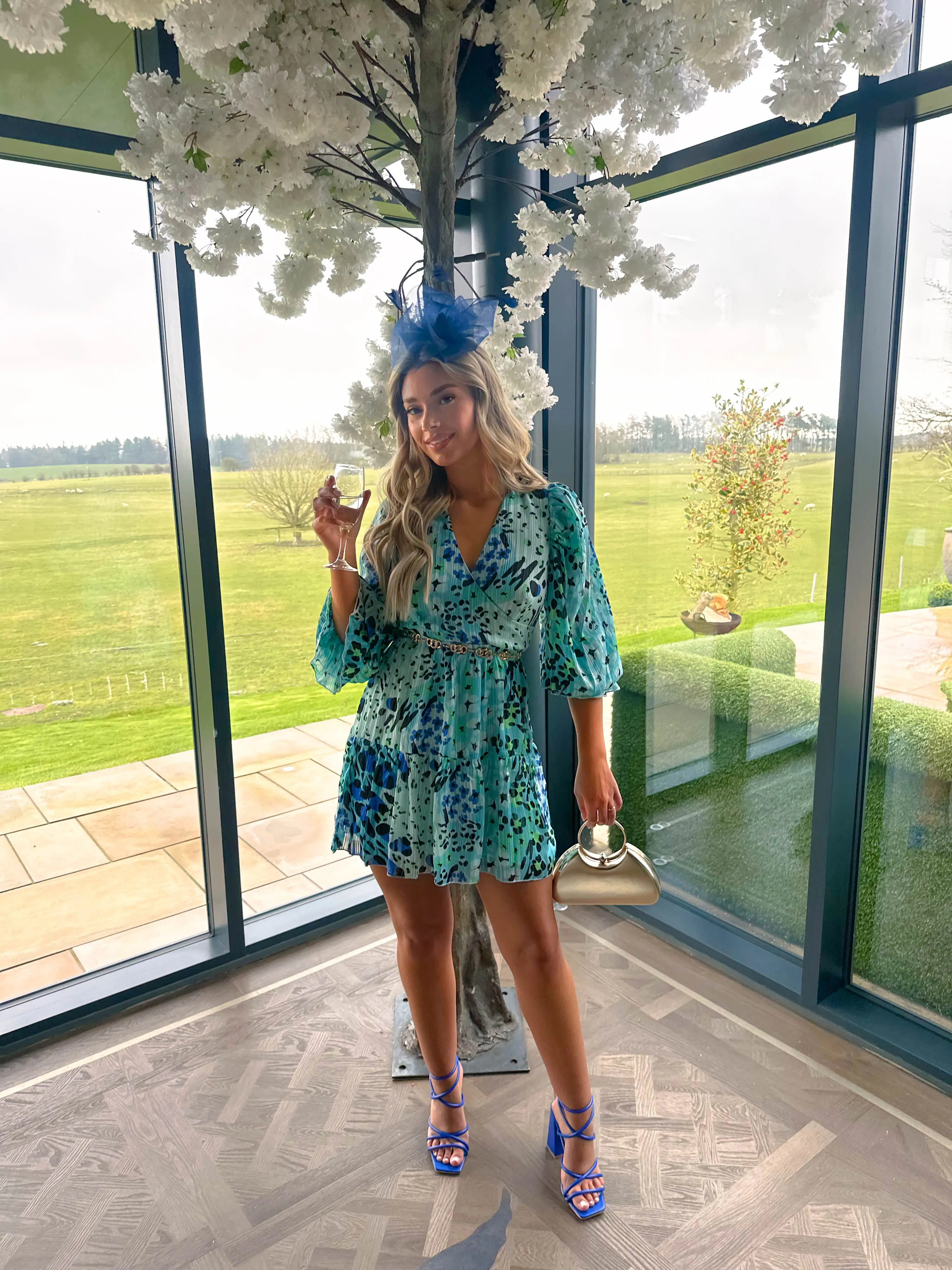 Fluttery Feelings - Blue Green Printed Long Sleeve Mini Dress