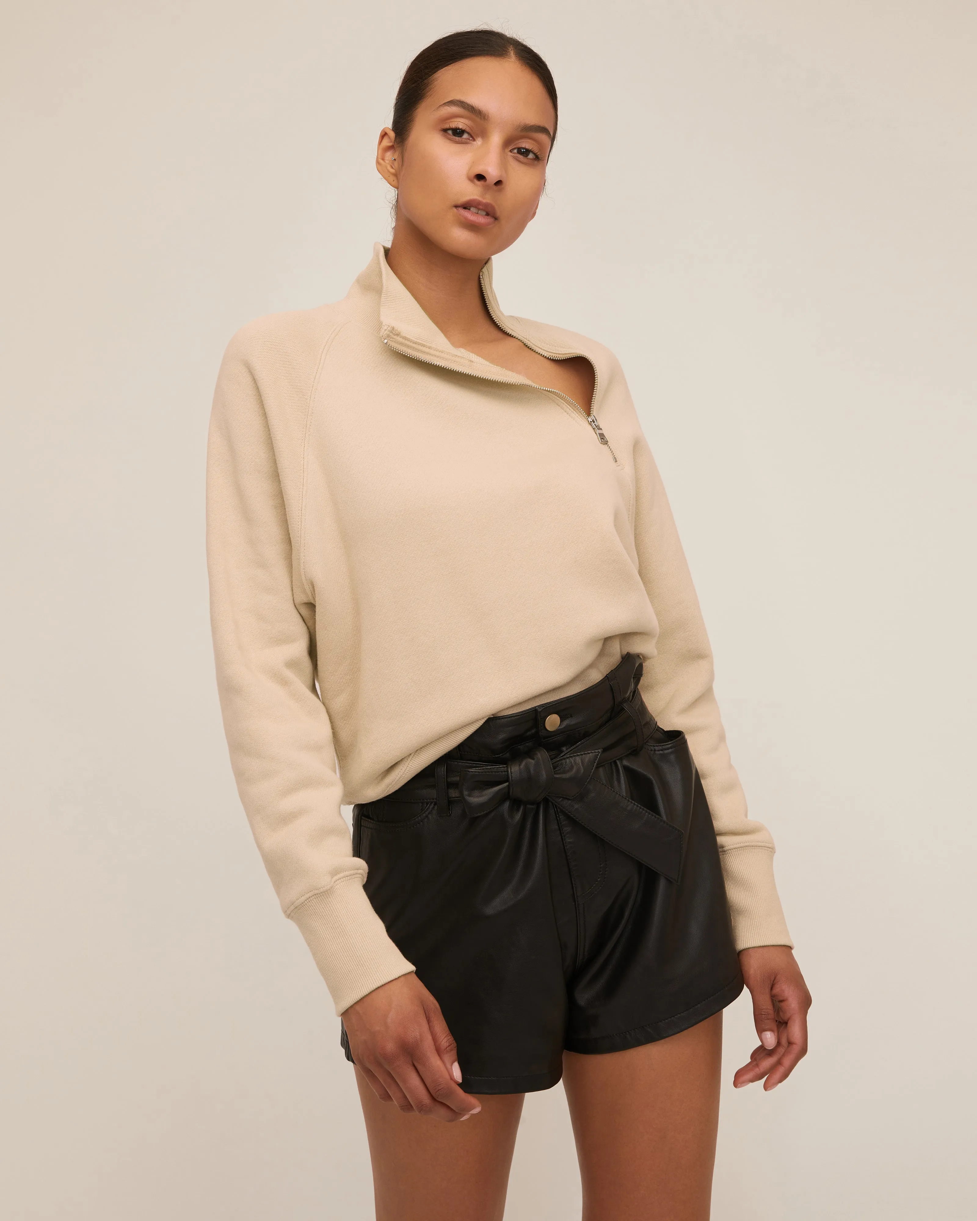 French Terry Funnel Neck Zip Sweatshirt - Sand