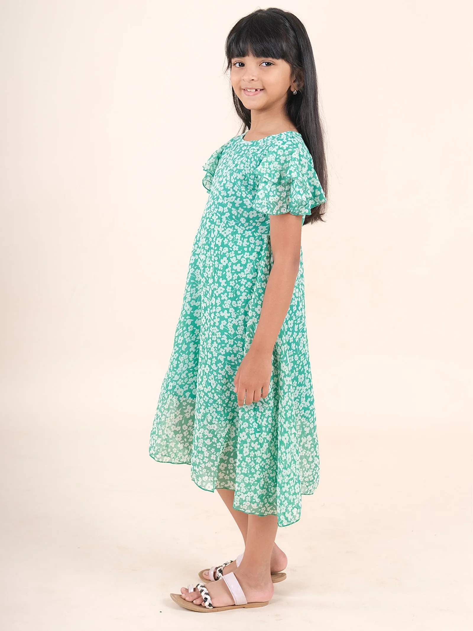 Frill Sleeves Floral Print A Line Flared Dress