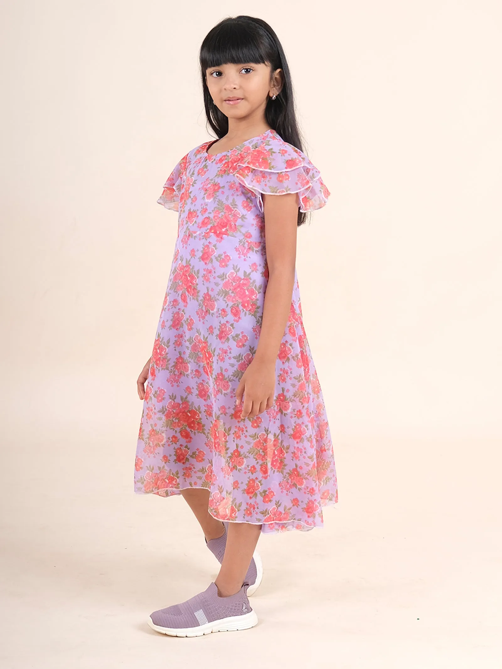 Frill Sleeves Floral Print A Line Flared Dress