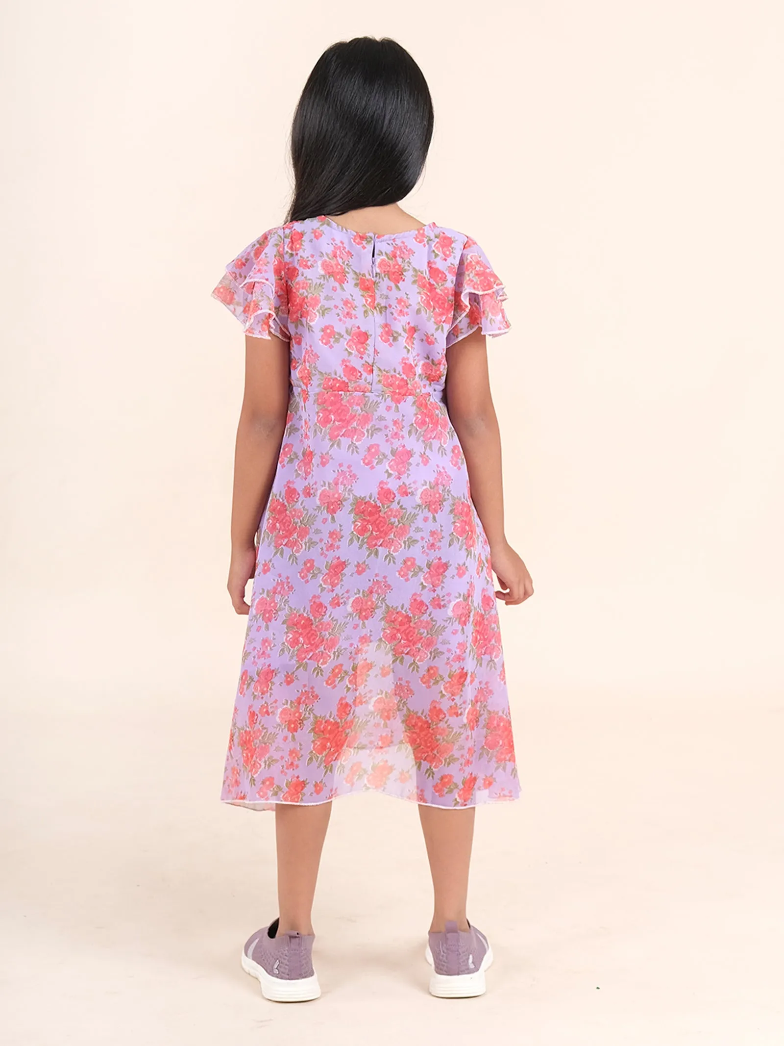 Frill Sleeves Floral Print A Line Flared Dress