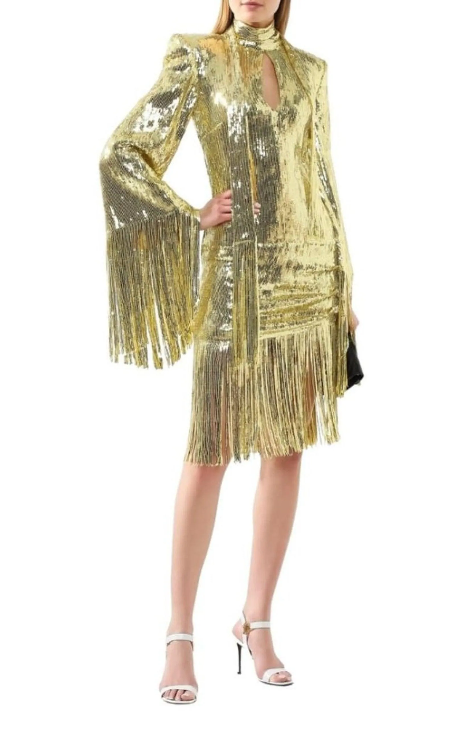 Fringed Gold Sequined Midi Dress