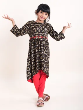 Girls Asymmetric Hem 3/4th Sleeve Kurta & Solid Legging Set