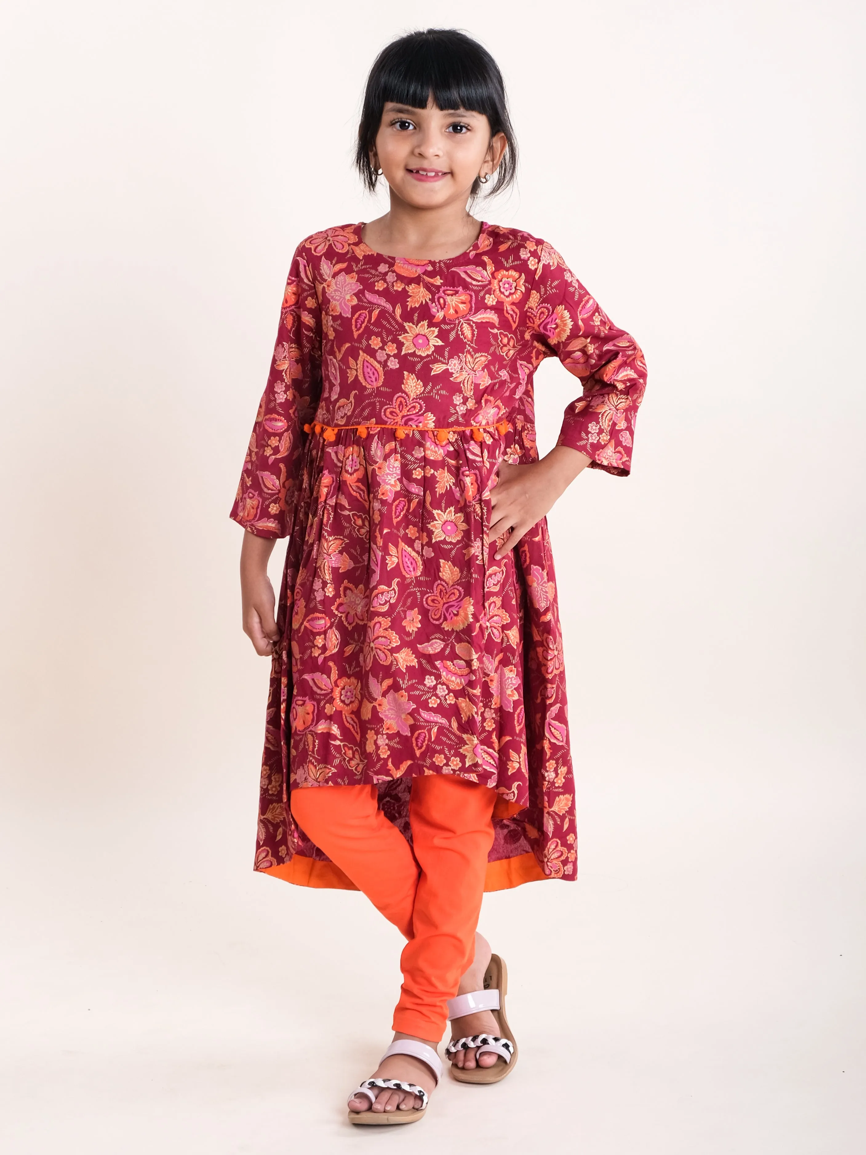 Girls Asymmetric Hem 3/4th Sleeve Kurta & Solid Legging Set