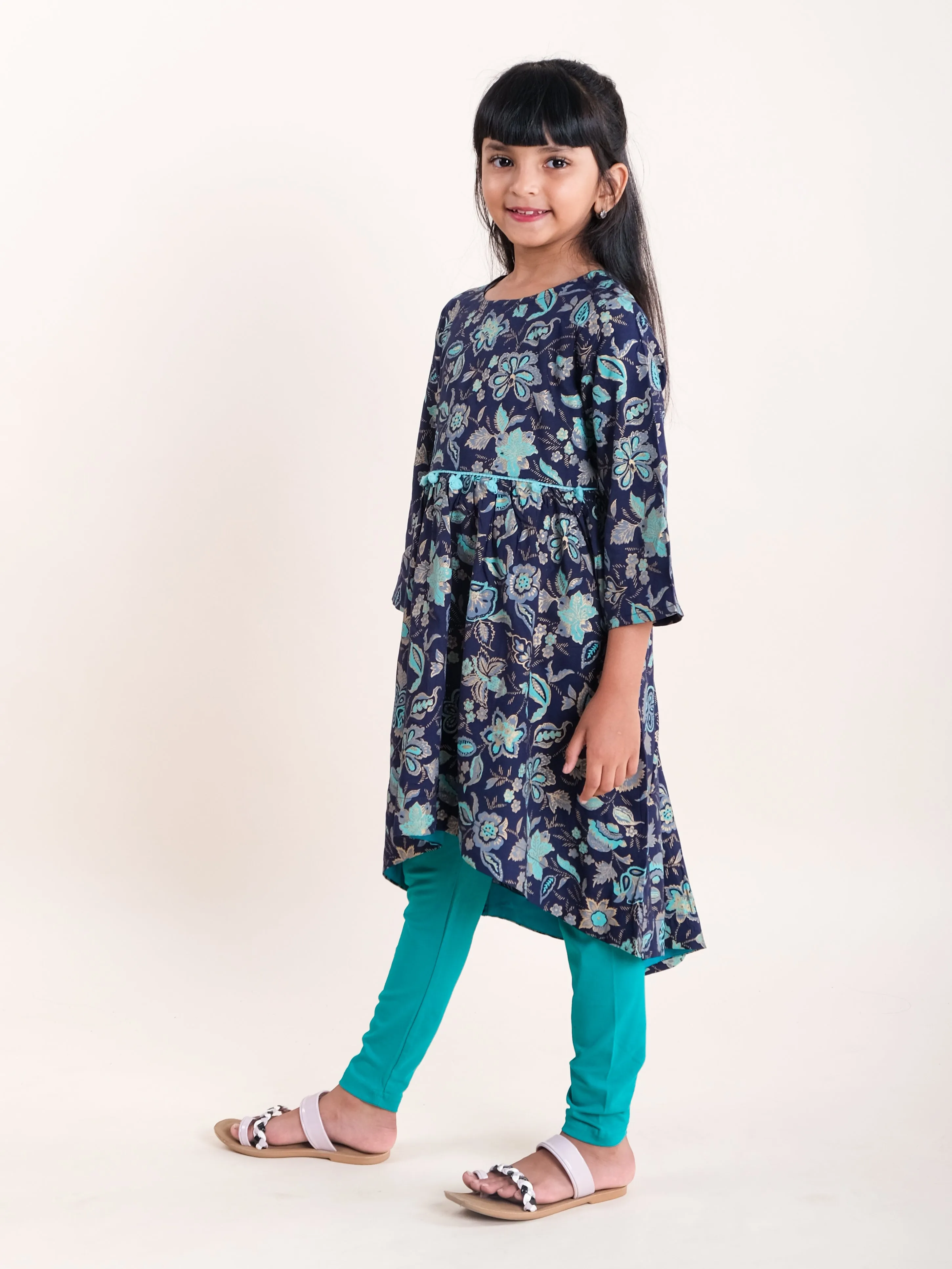 Girls Asymmetric Hem 3/4th Sleeve Kurta & Solid Legging Set