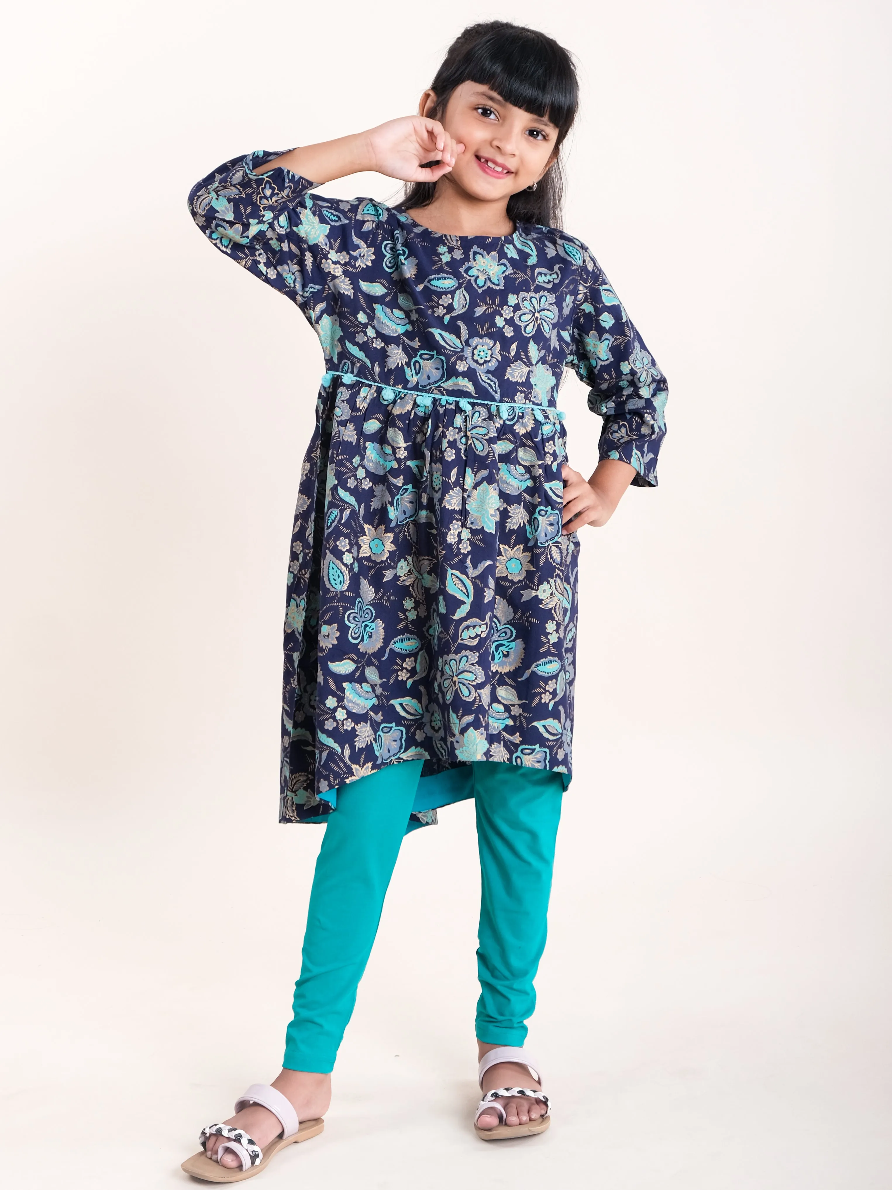 Girls Asymmetric Hem 3/4th Sleeve Kurta & Solid Legging Set