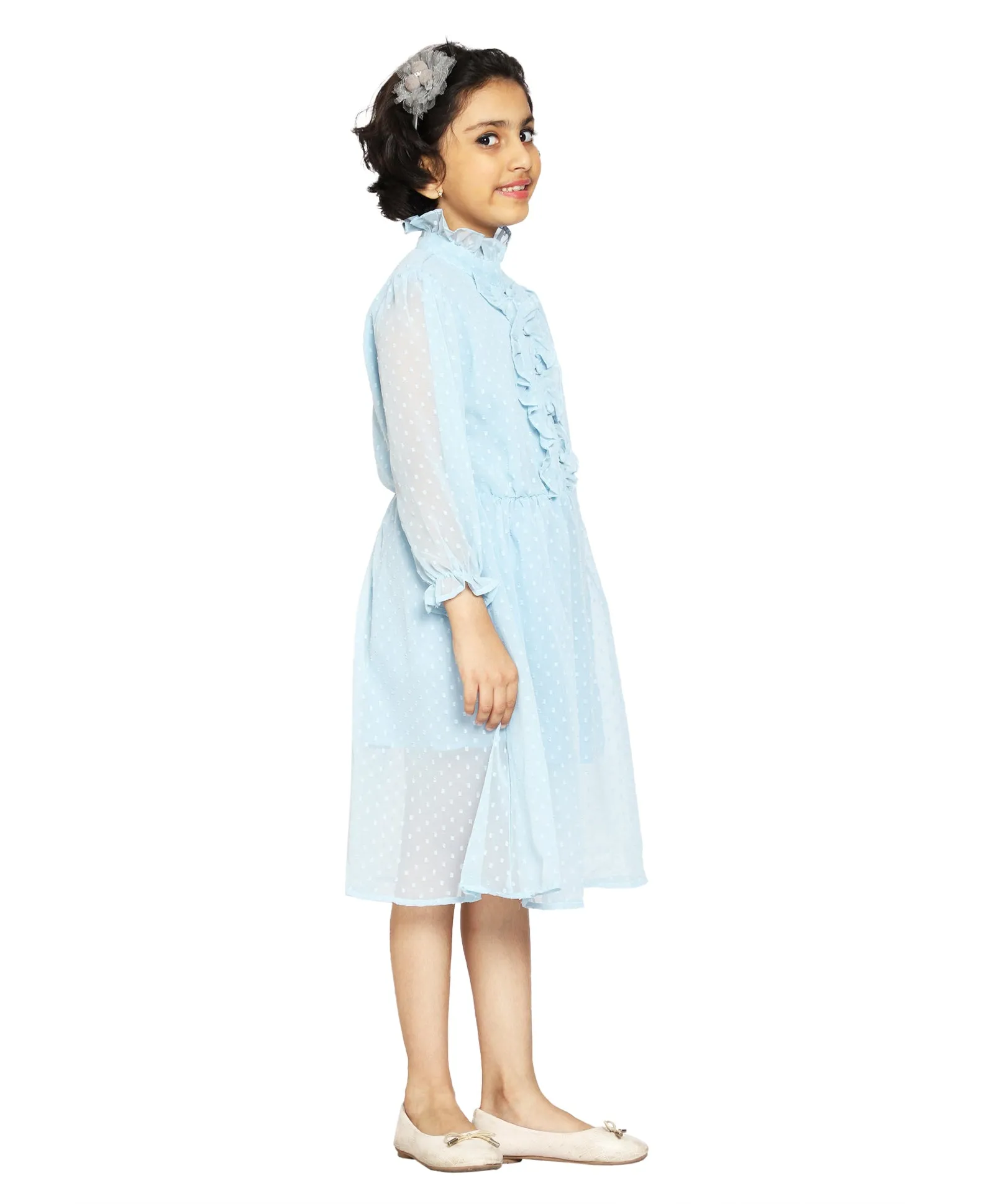 Girls Front Yoke Frill Detailed Placket Full Sleeve Dress