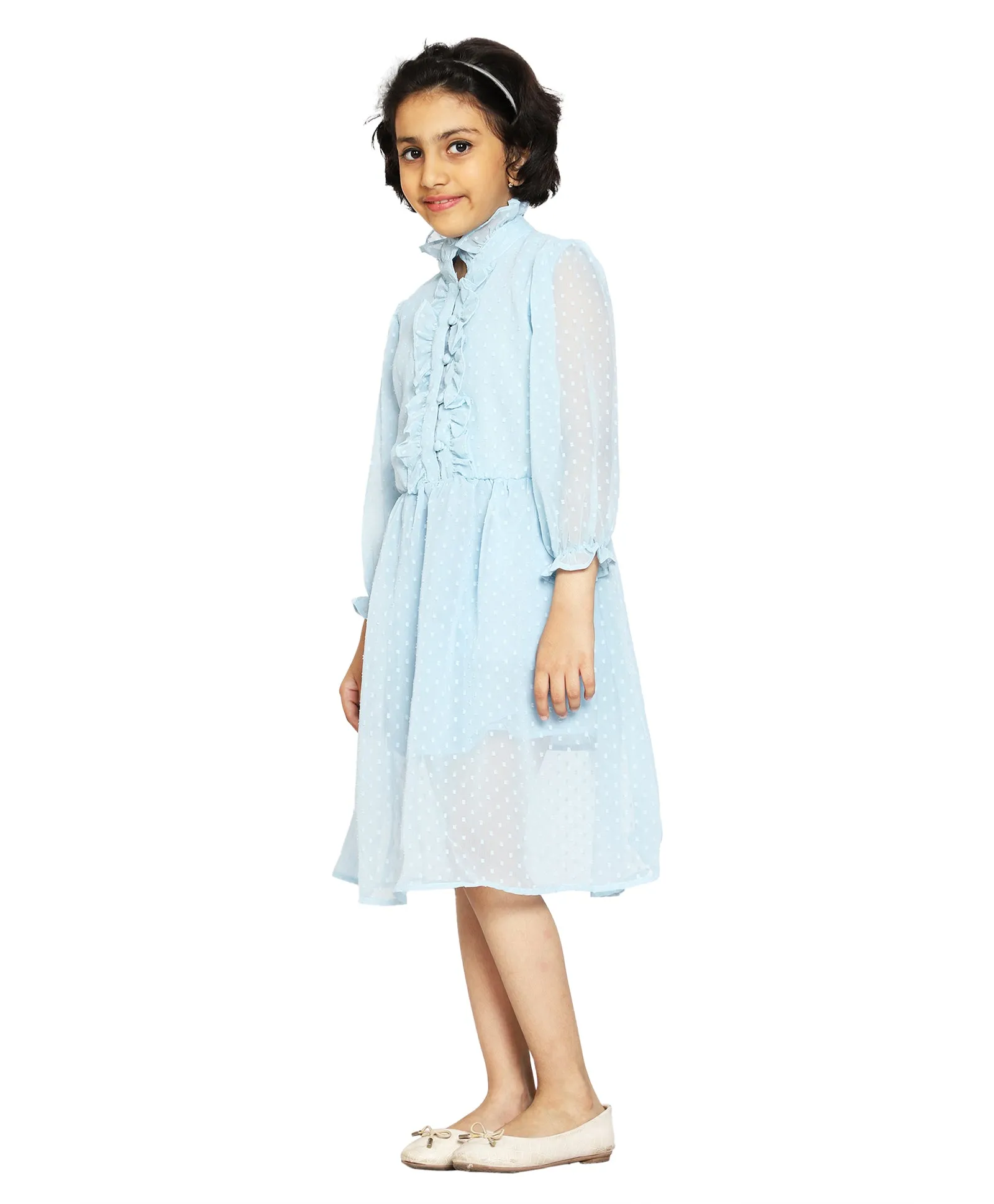 Girls Front Yoke Frill Detailed Placket Full Sleeve Dress