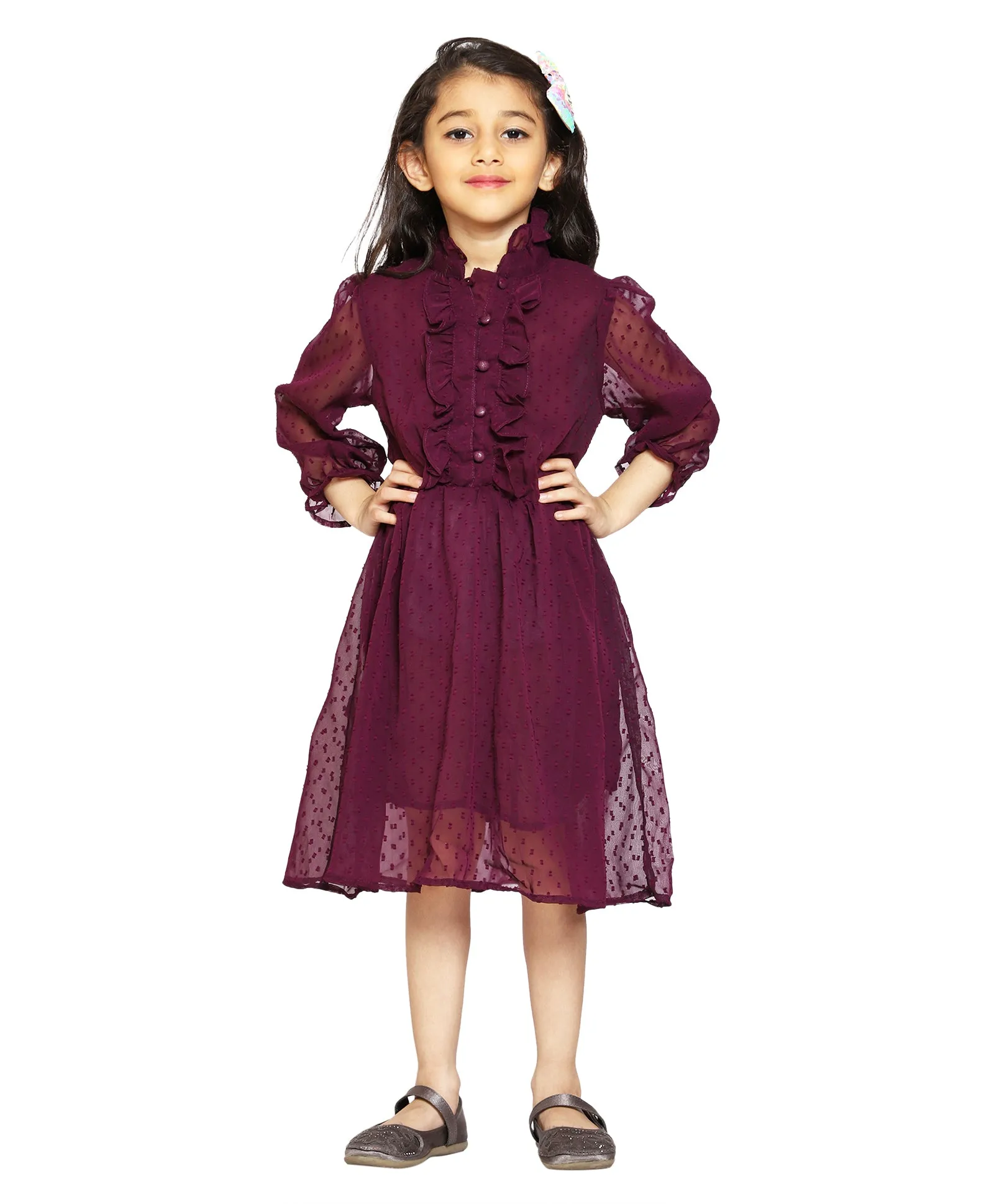 Girls Front Yoke Frill Detailed Placket Full Sleeve Dress