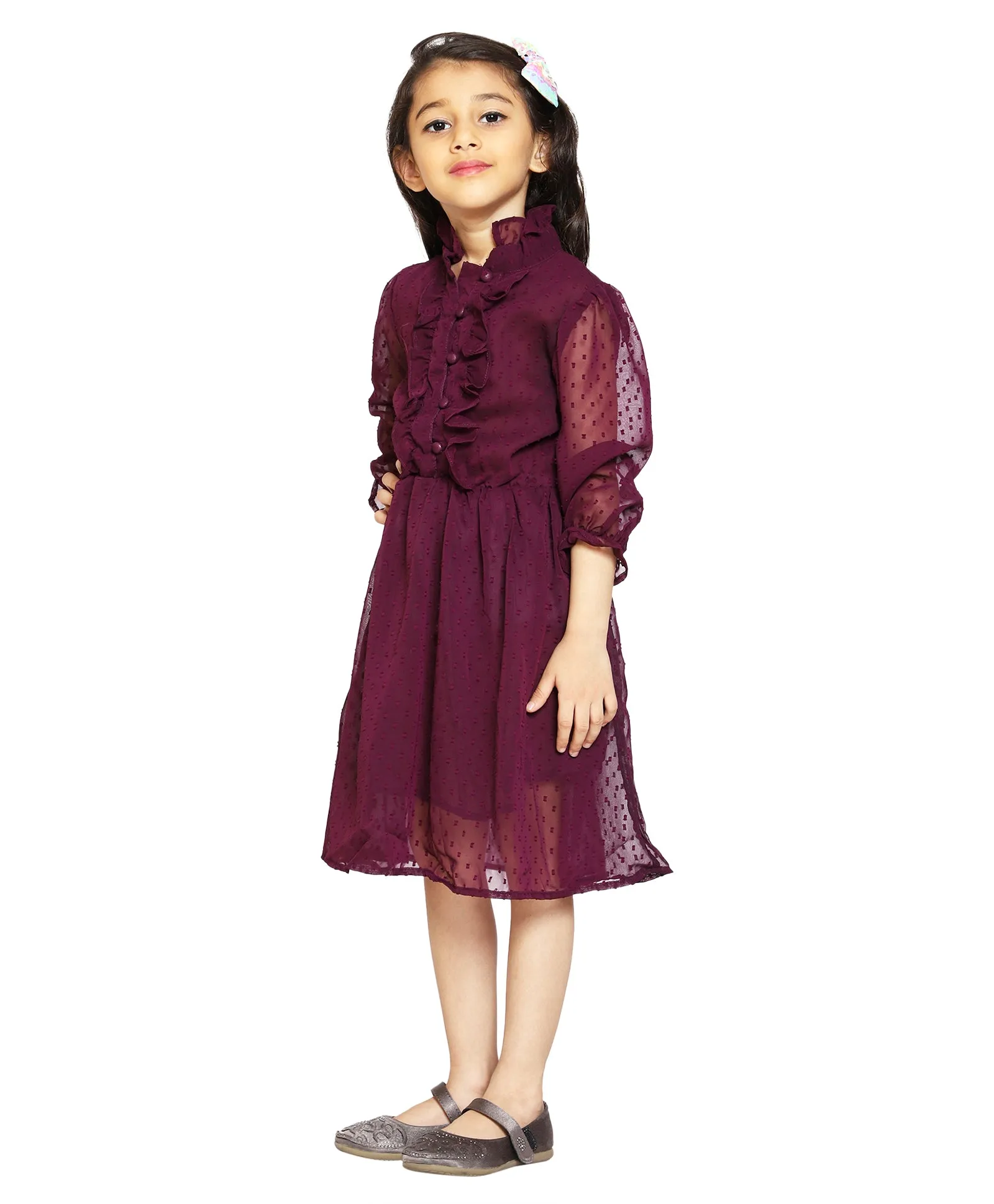 Girls Front Yoke Frill Detailed Placket Full Sleeve Dress