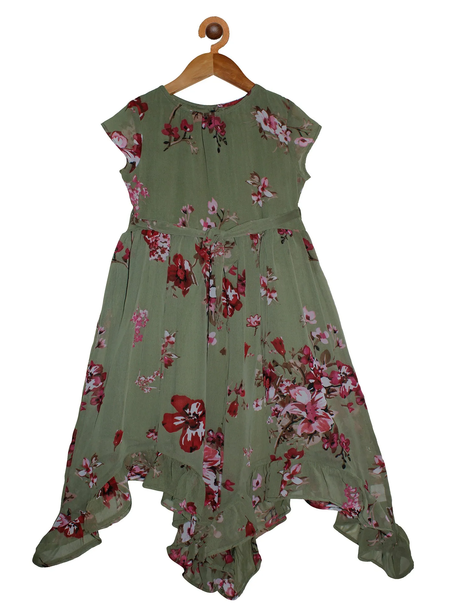 Girls Printed Georgette Dress with Frill Hem