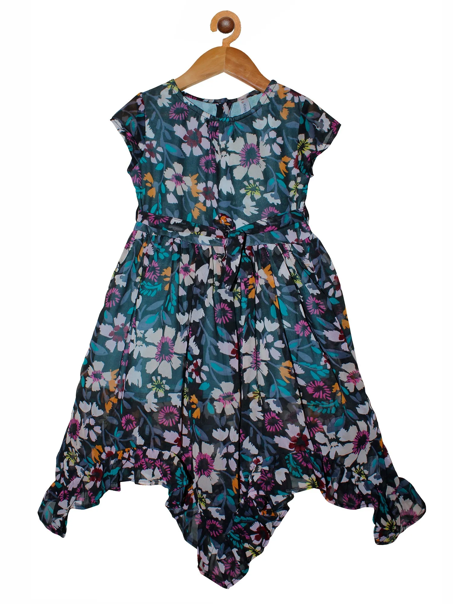 Girls Printed Georgette Dress with Frill Hem