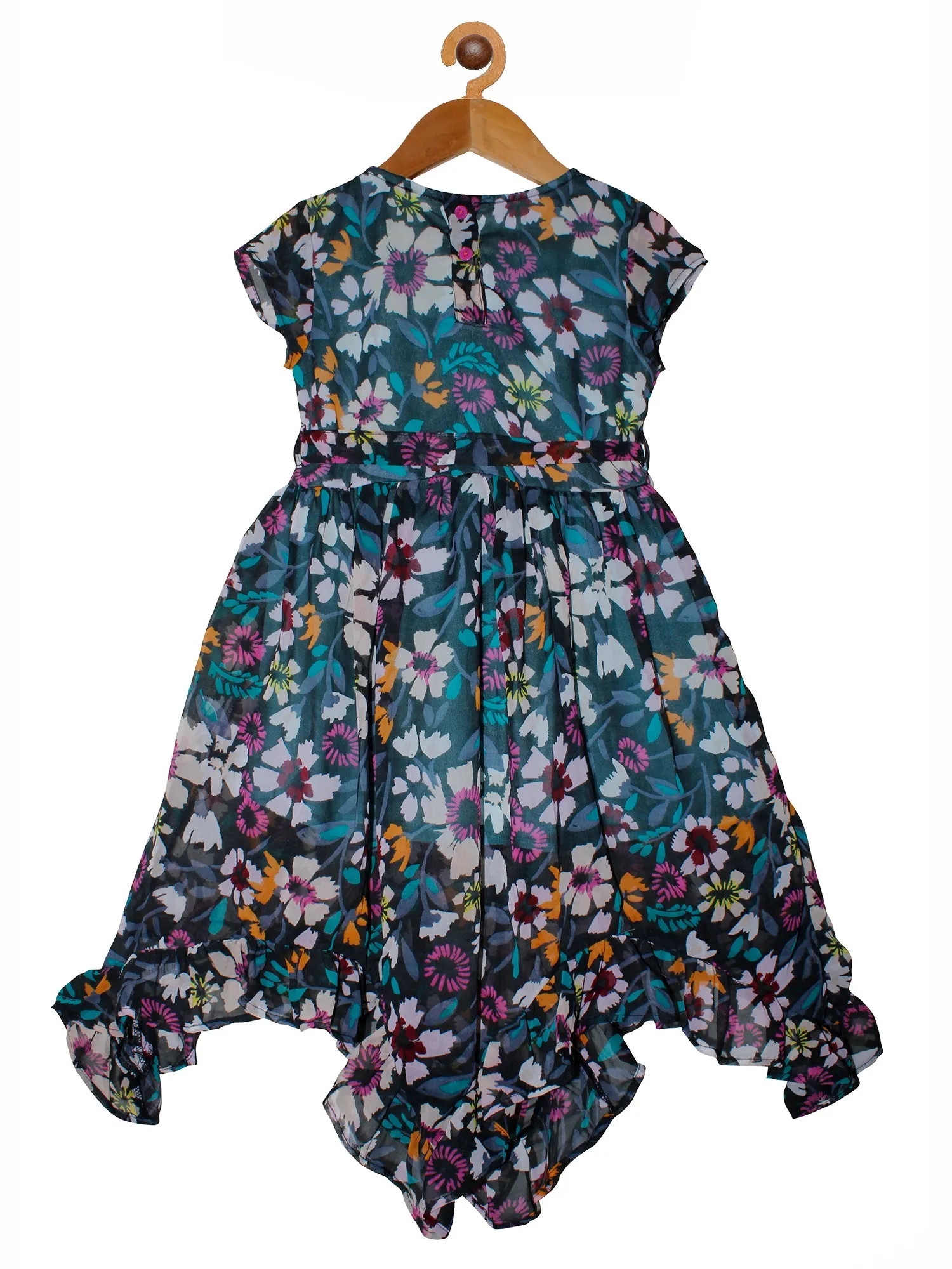 Girls Printed Georgette Dress with Frill Hem