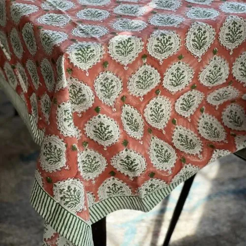 Hand Block Print Tablecloth, Indian Block Print, Terracotta Cotton Table Decor, Rectangle, Gift for Home, Farmhouse Decor